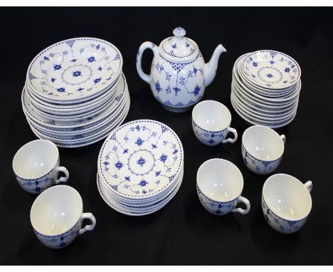 Part service in blue and white, cups, saucers, tea pot, plates, etc, (Qty)