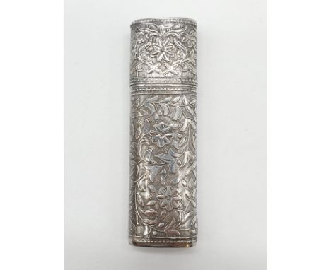 Vintage silver needle case. Intricate floral chased design. Continental 800 silver. Probably French. Length 8.5cm approx. 