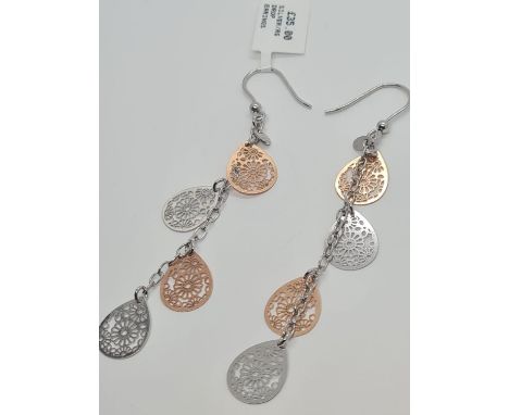 Sterling Silver fancy drop earrings silver and rose gold vermeil, 7cm drop approx 