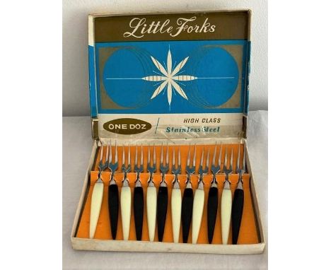 Vintage 1960s box of small Cocktail Forks. Original box. 12 pieces of Black and White 60's Kitsch. 