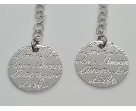 Sterling Silver drop earrings with Love written in various languages, weight 6.7g and 6.5cm drop approx 
