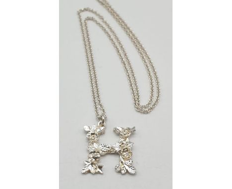 Alex Monroe Floral Letter H Pendant &amp; Chain in Sterling Silver, weight 3.2g and pendant 1.5cm long approx 