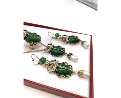 A BELLE EPOQUE style scarabs with pearls jewellery set consisting of a ring, pendant (with chain) and earrings. Presented in 