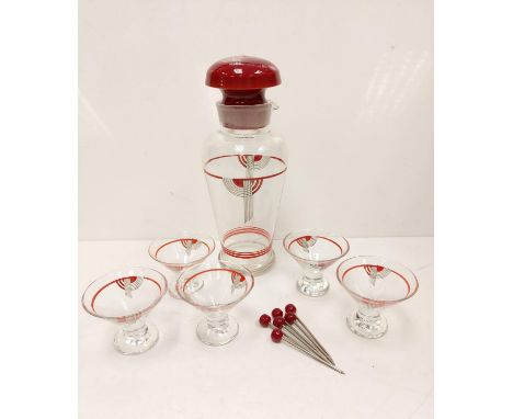 Vintage Art Deco styled cocktail shaker, 5 glasses and glass cherries. Fair condition for age. 