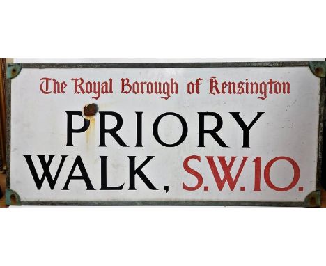 Vintage enamel 'Priory Walk' - Kensington street sign. 92 x 41cm. 