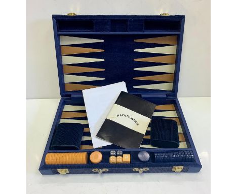 Harrods backgammon set in blue lord and leather trim. Handle is missing in case 