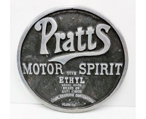 A vintage Pratt's motor spirit sign. Cast iron, circular 26cm diameter. 