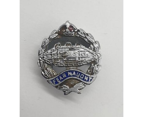 Vintage Royal Tank Regiment Lapel Badge. 'Fear Naught' in blue and silver enamel. A/F