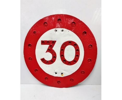 A rare vintage, cast iron, circular speed limit sign 46cm diameter. 