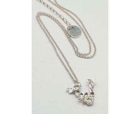 Alex Monroe Floral Letter V Pendant on expandable Chain, set in Sterling Silver weight 2.9g and pendant 1.5cm long approx 