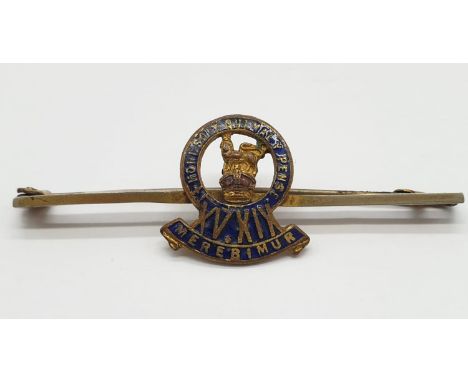 Vintage 15th/19th Kings Royal Hussars Sweetheart Brooch. Blue &amp; Gold Enamel. A/F. 