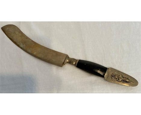 Large Vintage Chefs Brass Knife from Thailand. Traditional embellished handle. Heavy and sharp. Used for chopping vegetables 