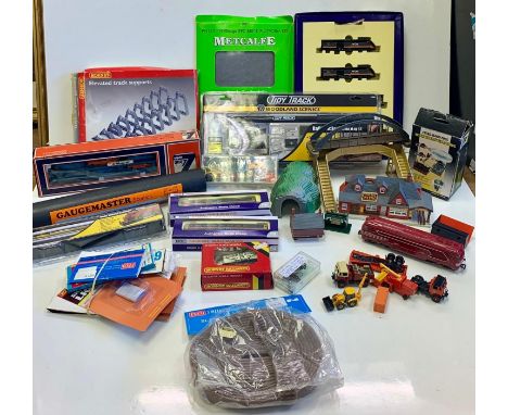 A wide selection of: Hornby, Lima, Tidy Track and Dapol model cars, trains, track and scenery. 