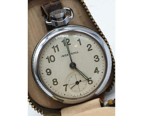 1950's Ingersoll chromium pocket watch in good working order and condition in its original zip container. 