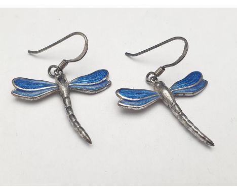 A pair of silver and enamel dragonfly earrings