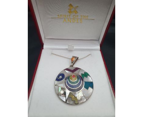A boxed 950 silver Spirit of the Andes chain and enamel pendant