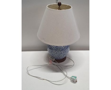 A blue and white Ralph Lauren ceramic table lamp and shade h57, shipping unavailable