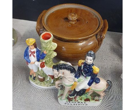 Two Victorian Staffordshire flatbacks and a salt glazed cooking pot with cover, shipping unavailable