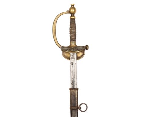 A late 19th century continental officer’s sword, probably French, slender DE double fullered blade 32”, retaining a little or