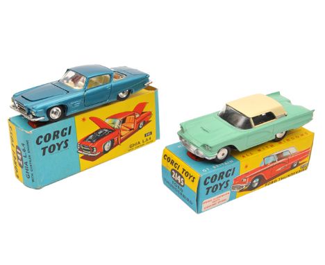 2 Corgi Toys. Ford Thunderbird (214). A hard top coupe version without suspension, in pale green with cream roof and no inter