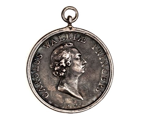 The expected arrival of Prince Charles, the Young Pretender, AR medallion 1745. Obverse bust right with legend “Carolus Walli