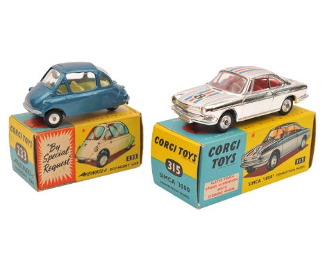 2 Corgi Toys. Simca ‘1000’ Competition Model. (315). In vacuum plated finish with blue, white, red racing stripe, RN8 and red