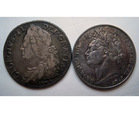 George II AR halfcrown 1746 Lima GF, “1” punched to reverse field; George IV AR halfcrown 1821 VF(2) 