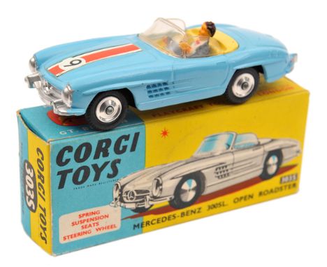 Corgi Toys Mercedes-Benz 300SL Open Roadster (303S). Example in light blue with yellow interior, RN9. Complete with driver. B