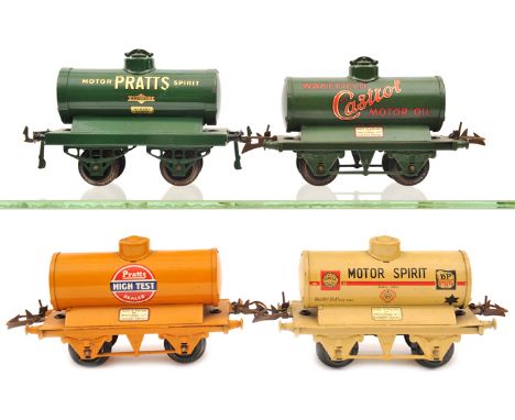 4 Hornby Series O gauge tank wagons. Pratts Sealed High Test in orange, Pratts Motor Spirit in dark green, Shell BP Motor Spi