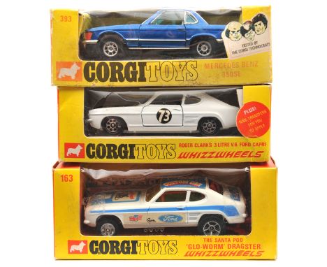 3 Corgi Whizzwheels. The Santa Pod “Glo-Worm” Dragster (163). A stretched Ford Capri in white and light blue “Custom Car” mag