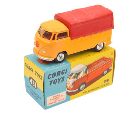 Corgi Toys Volkswagen Pick-Up (431). In yellow with red interior and red detachable rear plastic roof. Boxed. Vehicle VGC- ve