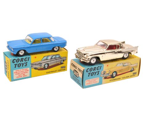 2 Corgi Toys. Studebaker “Golden Hawk” (211S). An example with gold vacuum plated finish with red interior. Plus a Chevrolet 