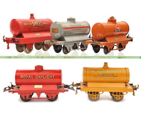 5 Hornby Series O gauge tank wagons. POOL in light grey, Royal Daylight in red, Pratts Sealed High Test in orange, National B