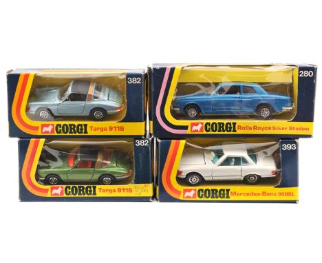 4 Corgi Whizzwheels. 2x Porsche Targa 911S (382). In metallic green with red interior and another in light metallic blue with