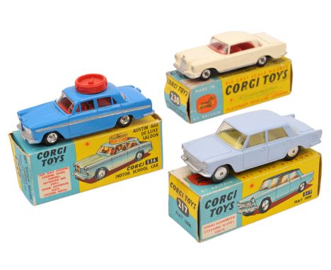 3 Corgi Toys. Motor School Car, Austin A60 De Luxe Saloon (236). An LHD export example in mid blue with red interior. Fiat 18