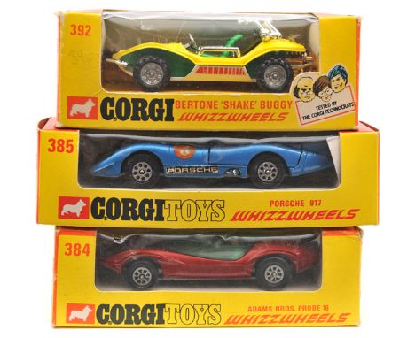 3 Corgi Whizzwheels. Adams Bros. Probe 16 (384). In metallic red with light blue ‘glass’ and white interior. Porsche 917 (385