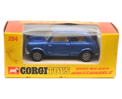 Corgi Whizzwheels Morris Mini Minor (204). In metallic blue with yellow interior. Boxed. Vehicle Mint. Plate 6 
