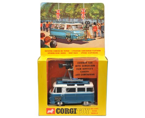 Corgi Toys Commer Van with Samuelson Film Service’s Camera and Cameraman (479). In metallic blue and white livery with mid bl