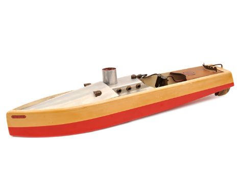 A live steam Bowman Models wooden hulled launch “SNIPE”. 60cm overall in red and white lacquered finish, aluminium streamline