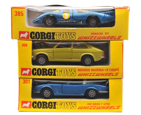 3 Corgi Whizzwheels. ISO Grifo 7 Litre (301). In metallic blue with pale blue interior. Morris Marina 1.8 Coupe (306) in meta