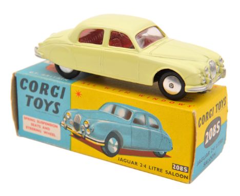 Corgi Toys Jaguar 2.4 litre Saloon (208S). An example in pale yellow, with red interior. Boxed, price sticker to one side Veh