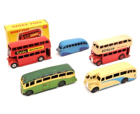 5 Dinky Toys. 2 Double Deck Buses (290/291) One in red/cream livery with “Dunlop – The World’s Master Tyres” adverts. Plus a 