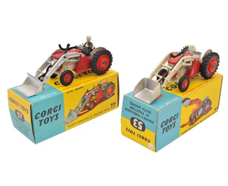 2 Corgi Toys. Massey-Ferguson 65 Tractor with shovel (53). In red and cream with silver shovel. Plus another example (57) in 