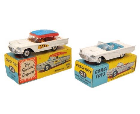 2 Corgi Toys. Ford Thunderbird (215). Example in white with light blue and silver seats. Plus a Ford Thunderbird Bermuda TAXI