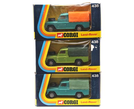 3 Corgi Whizzwheels Land Rover (438). An example in metallic lime green with yellow interior and dark green rear tilt. Anothe