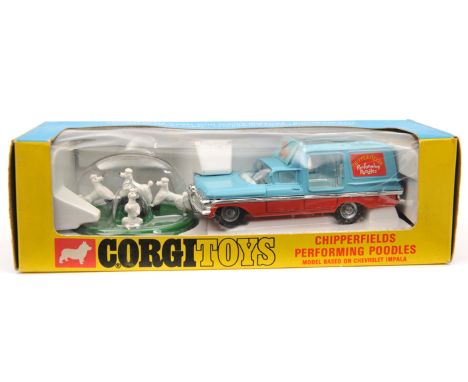 Corgi Toys Chipperfield’s Performing Poodles (511). Comprising Chevrolet Impala in light blue and red livery with pale blue i