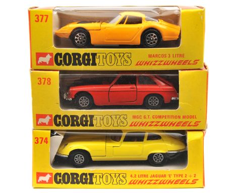 3 Corgi Whizzwheels. Jaguar E Type 2+2 (374) in bright yellow with light brown interior. MGC GT Competition Model (378) in re