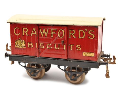 Hornby Series O gauge Private Owner Van – Crawford’s Biscuits. Red body and cream roof (1934-38) example with Royal Crest and