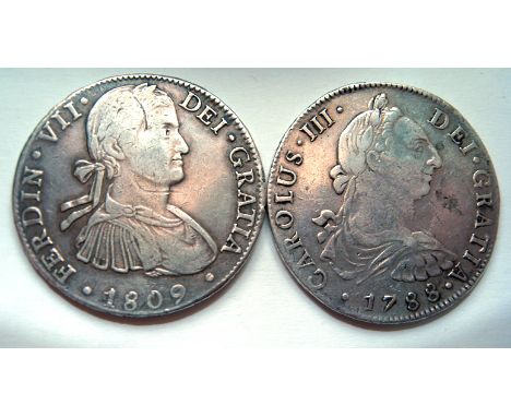 Spanish America - Peru: AR 8 Reales of Charles IV, 1788, Lima Mint, F/NVF; Mexico AR 8 Reales of Ferdinand VII 1809 Mexico Mi