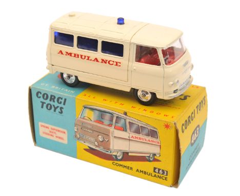 Corgi Toys Commer Ambulance (463). In cream with red interior, with blue rear windows and small light to roof. Boxed, minor w